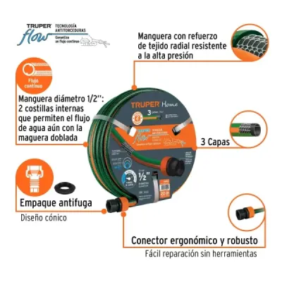 Manguera Reforzada 20m X 1/2' 3 Capas Truper Con Conexiones