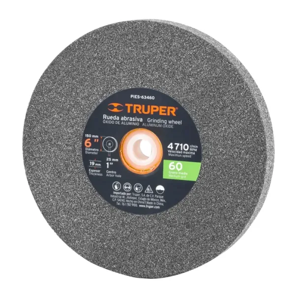 Piedra Abrasiva De 6" Para Esmeril, Grano 60, Espesor 3/4" Truper (PIES-63460 - 16349)