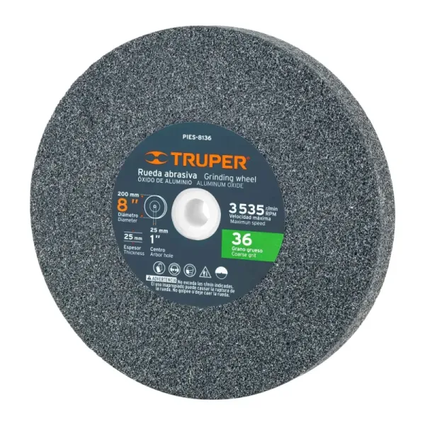Piedra Abrasiva De 8" Para Esmeril, Grano 36, Espesor 1" Truper (PIES-8136 - 16411)