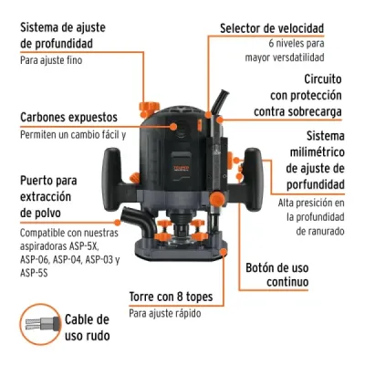 Ruteadora Industrial 1/2" Y 1/4", 1.200 W Con Accesorios Truper