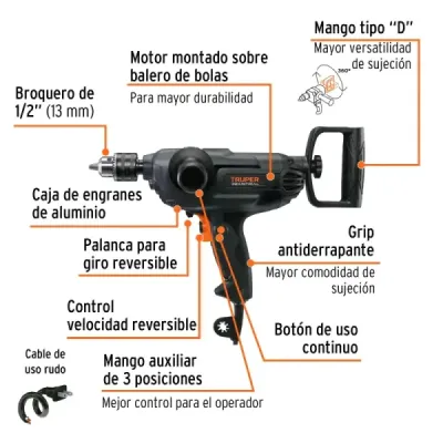 Taladro Tipo Espada De 1/2", 1.150 W De Uso Industrial Truper