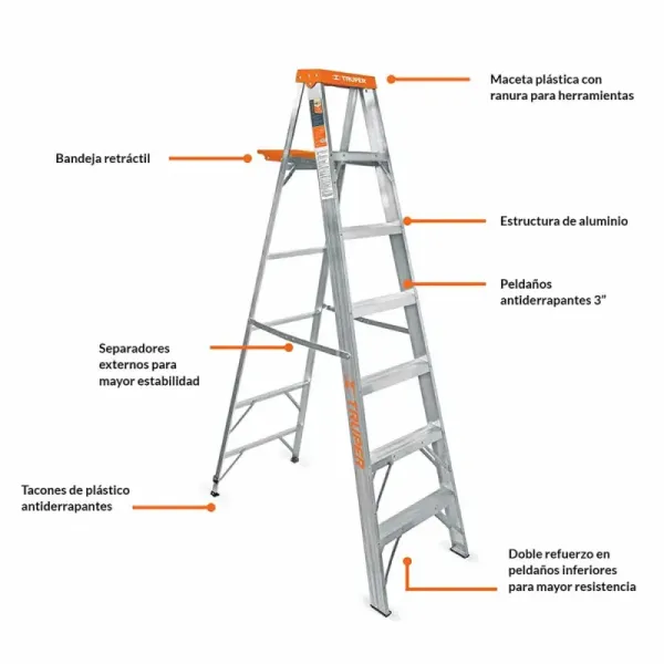 Escalera De 7 Escalones - 6 Peldaños Con Bandeja, Tipo 2 Truper (EST-26 - 16744)