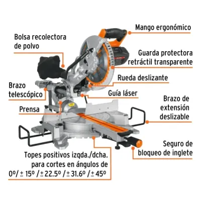 Sierra De Inglete Telescópica De 10", 1.900 W Y Guía Laser Truper