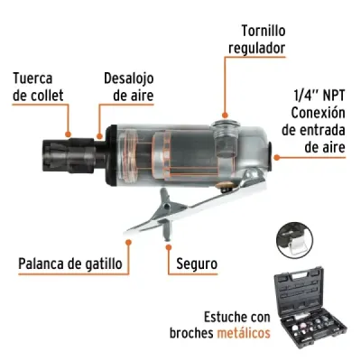 Mini Esmeril De 1/4" Neumático, Accesorios Incluidos Truper