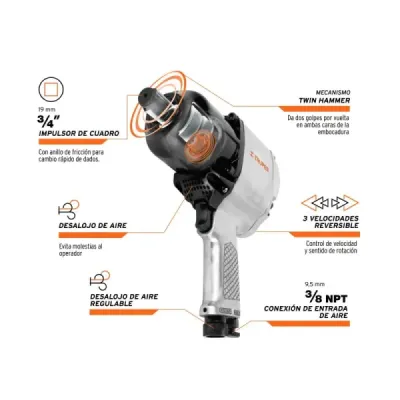 Pistola De Impacto Industrial De 3/4", Torque De 750 Lb/Ft Truper