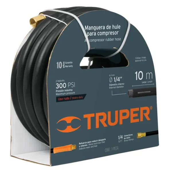 Manguera Para Compresor De Caucho 10 M, 1/4" Npt, 300 Psi Truper (MAN-AP-10-1/4 - 17080)