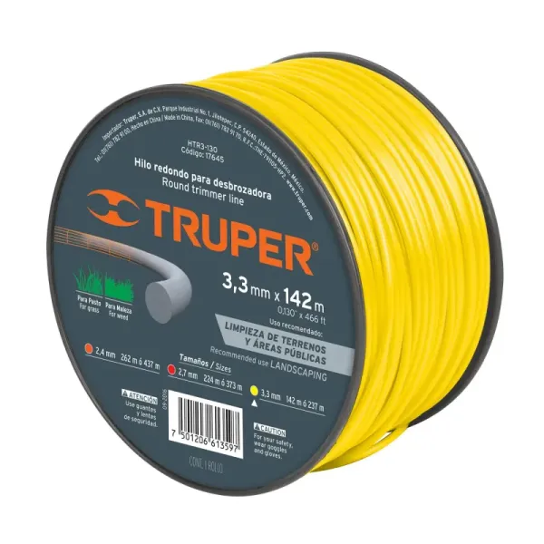 Hilo Redondo Para Guadañadora De 142 Metros, Diámetro 3.3 Mm Truper (HTR3-130 - 17645)