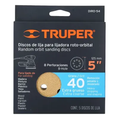 5 Discos De Lija 5" Para Lijadora Roto-Orbital Grano 40 Truper
