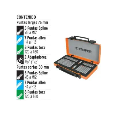 Juego De 42 Puntas, Spline, Bristol Y Torx, Estuche Metálico Truper