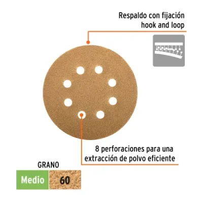 5 Discos De Lija 5" Para Lijadora Roto-Orbital Grano 60 Truper