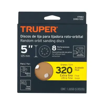 5 Discos De Lija 5" Para Lijadora Roto-Orbital Grano 320 Truper