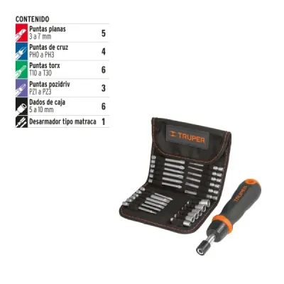 Juego De Puntas Y Copas Con Destornillador Ratchet 24 Piezas Truper