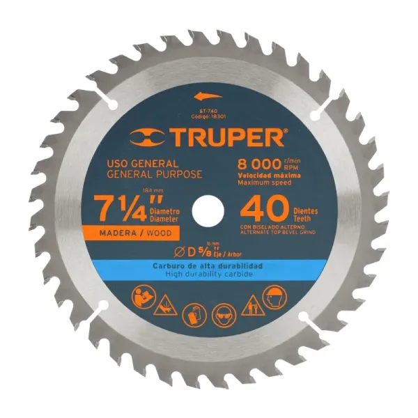Disco Sierra Madera De 7.1/4", Centro 5/8", 40 Dientes Truper (ST-740 - 18301)
