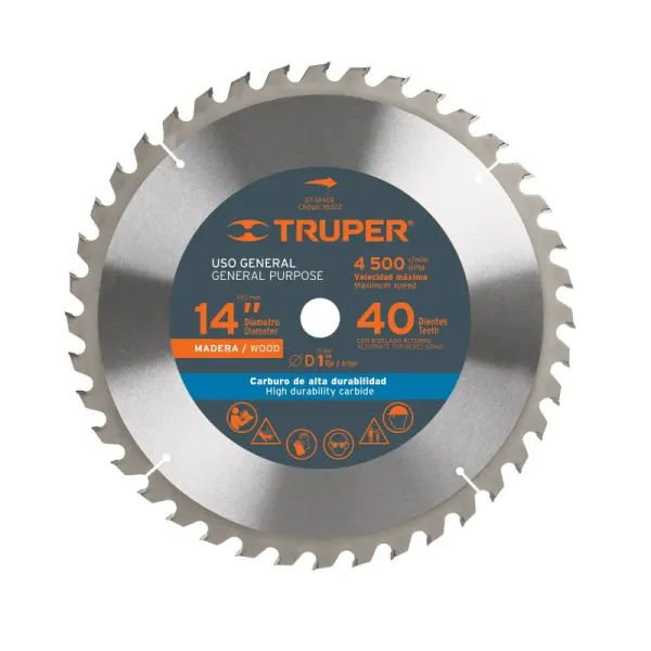 Disco Sierra Madera de 14", Centro 1", 40 Dientes Truper (ST-1440E - 18322)