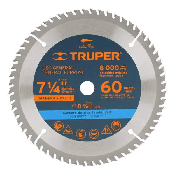 Disco Sierra Madera De 7.1/4", Centro 5/8", 60 Dientes Truper (ST-760 - 18324)