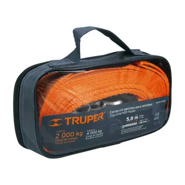 Correa Para Remolcar De 5.8 Metros, 4.000 Kg, Incluye Funda Truper (CREM-2X58C - 18344)