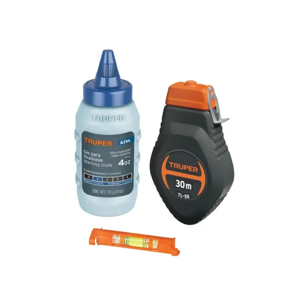 Cimbra Plástica De 30 Metros, Incluye Tinta Azul Y Nivel Truper (TL-50 - 18574)