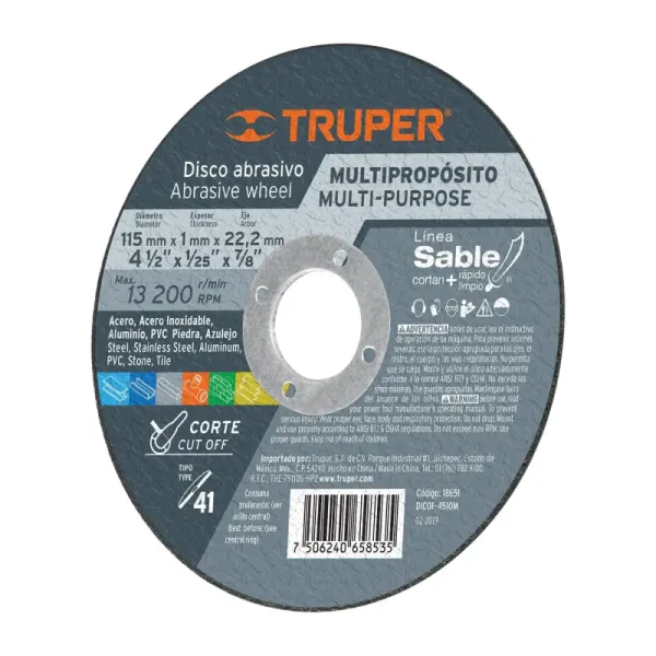 Disco Corte Extrafino Multiproposito De 4.1/2" Truper (DICOF- 4510M - 18651)