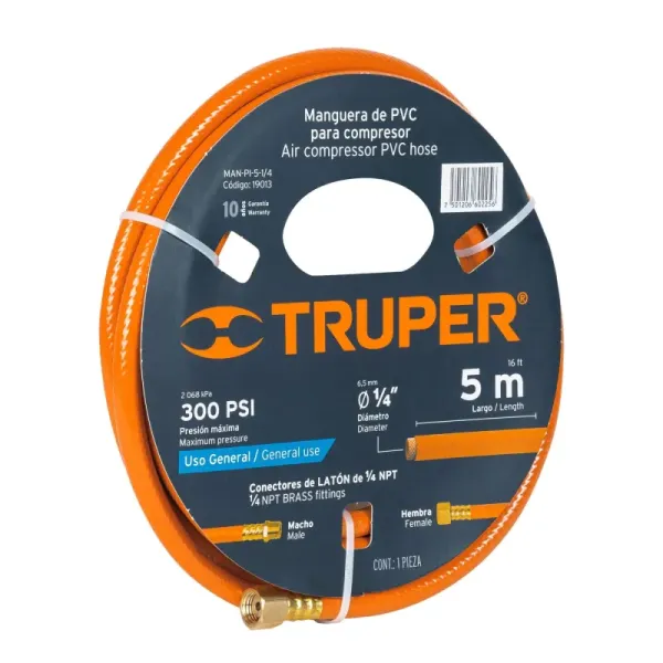 Manguera Para Compresor De Pvc 5 M, 1/4" Npt, 300 Psi Truper (MAN-PI-5-1/4 - 19013)