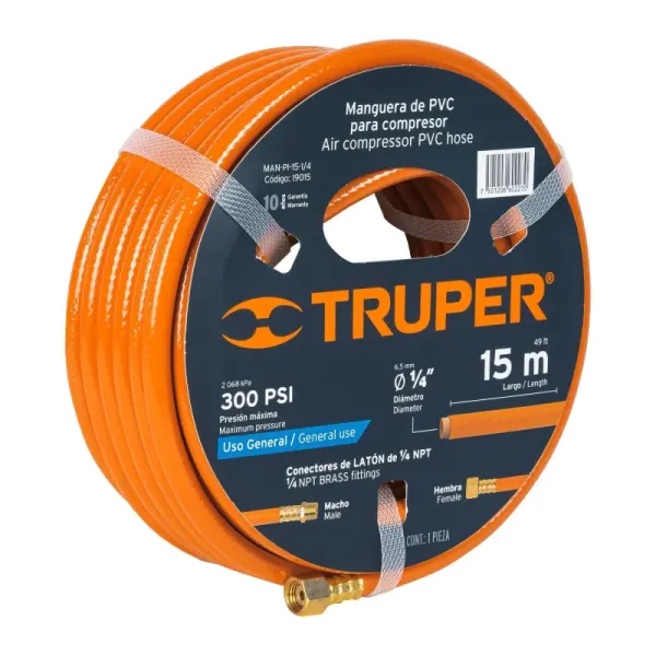 Manguera Para Compresor De Pvc 15 M, 1/4" Npt, 300 Psi Truper (MAN-PI-15-1/4 - 19015)
