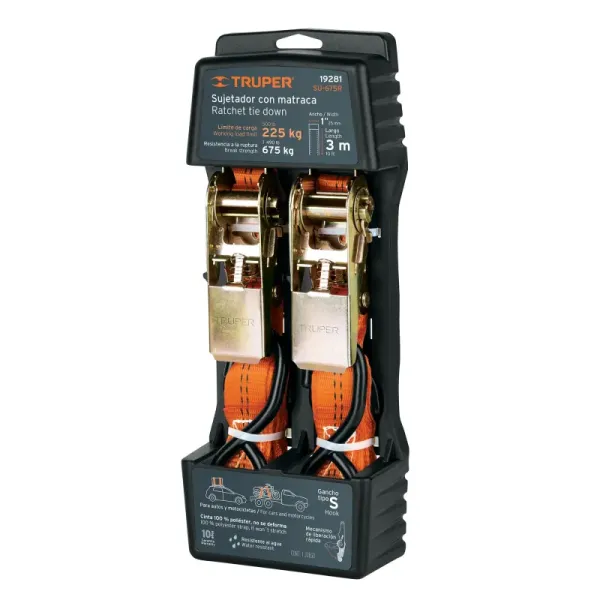 Set De 2 Eslingas Con Ratchet 675 Kg, 3 M, Gancho Tipo S Truper (SU-675R - 19281)