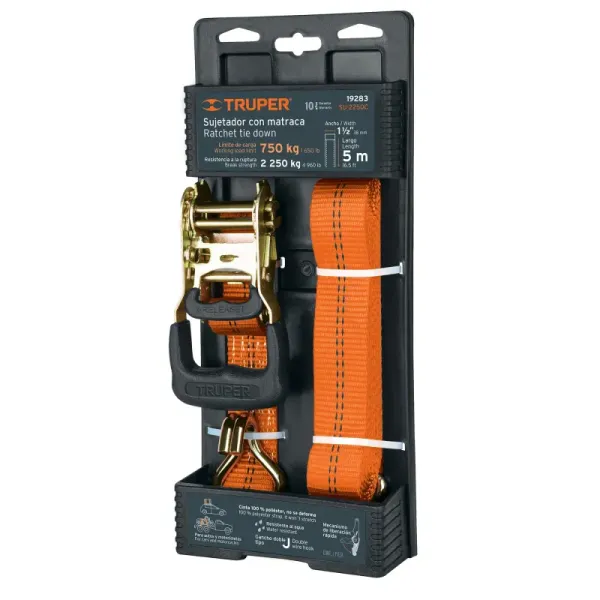 Eslinga Con Ratchet De 2.250 Kg, 5 Metros Con Gancho Doble J Truper (SU-2250C - 19283)