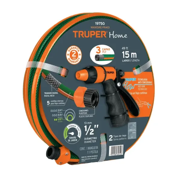Set De Manguera Reforzada 15 M 3 Capas + Pistola De Riego Truper (MAN15RE-PR401 - 19750)