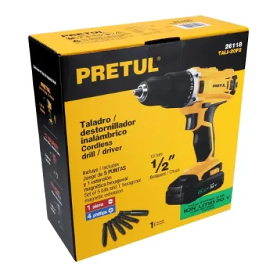 Taladro Inalámbrico De 1/2", Torque 33 Nm, 20 V + Accesorios Pretul