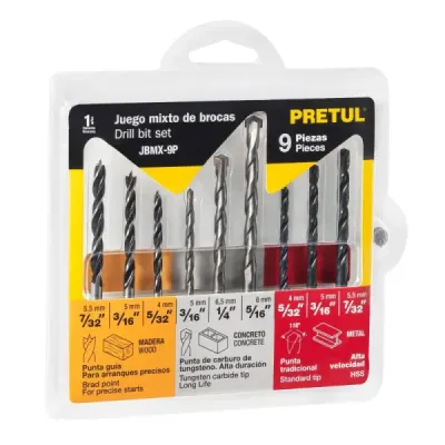 Juego De 9 Brocas Acero Rápido, Concreto Y Madera Pretul