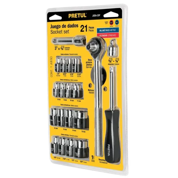 Juego De Copas Y Ratchet 21 Piezas, Cuadrante 1/4" Y 3/8" Pretul (JUDA-25P - 21162)