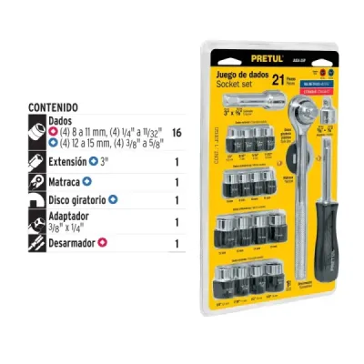 Juego De Copas Y Ratchet 21 Piezas, Cuadrante 1/4" Y 3/8" Pretul