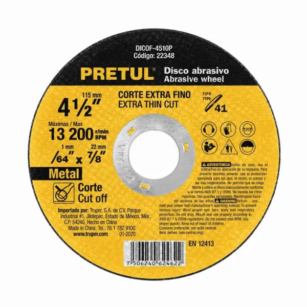 Disco Corte Extrafino Metal 4.1/2' Pretul 1 Mm 13.200 Rpm (DICOF-4510P - 22348)