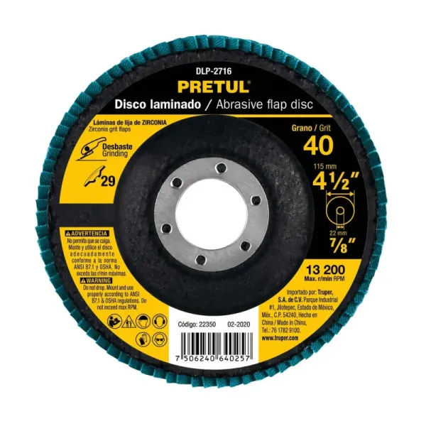 Disco Laminado Flap De 4.1/2", Centro 7/8", Grano 40 Pretul (DLP-2716 - 22350)