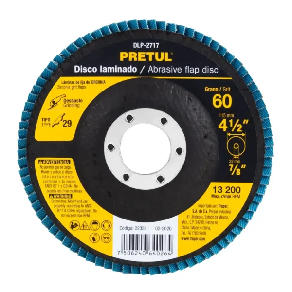 Disco Laminado Flap De 4.1/2", Centro 7/8", Grano 60 Pretul (DLP-2717 - 22351)