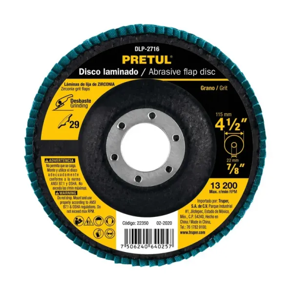 Disco Laminado Flap De 4.1/2", Centro 7/8", Grano 80 Pretul (DLP-2718 - 22352)