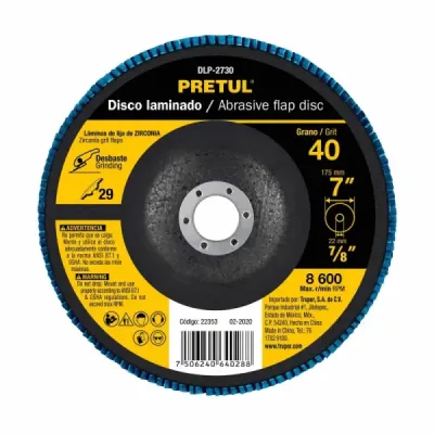Disco Laminado Flap De 7", Centro 7/8", Grano 40 Pretul