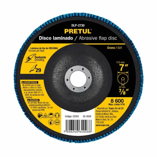 Disco Laminado Flap De 7", Centro 7/8", Grano 60 Pretul (DLP-2731 - 22354)