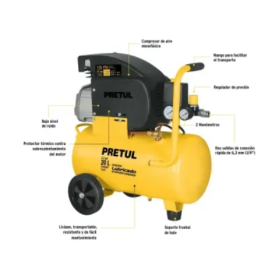 Compresor De Aire De 2.1/2 Hp, 20 Litros Con Tubos De Cobre Pretul