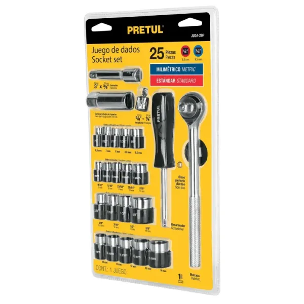 Juego De Copas Y Ratchet 25 Piezas, Cuadrante 1/4" Y 3/8" Pretul (JUDA-29P - 23974)