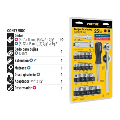 Juego De Copas Y Ratchet 25 Piezas, Cuadrante 1/4" Y 3/8" Pretul