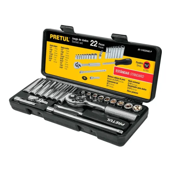 Juego De Copas En Pulgadas Con 22 Piezas, Cuadrante De 1/4" Pretul (JD-1/4X22SAE-P - 23981)