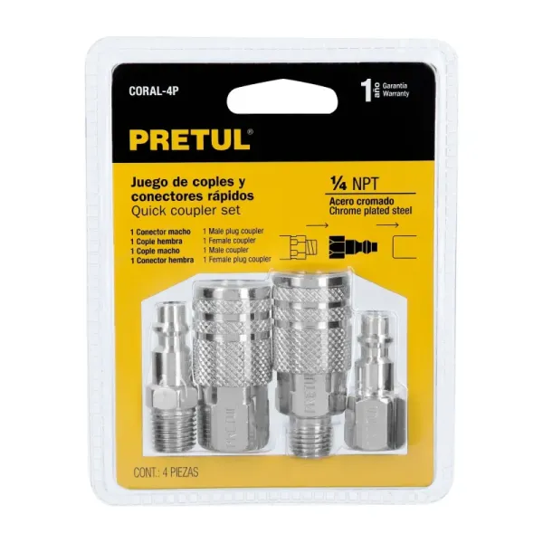 Juego De Acoples Rápidos Cromados Para Compresor, 4 Piezas Pretul (CORAL-4P - 27020)
