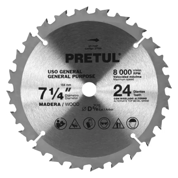 Disco Sierra Madera De 7.1/4", Centro 5/8", 24 Dientes Pretul (ST-724P - 27055)