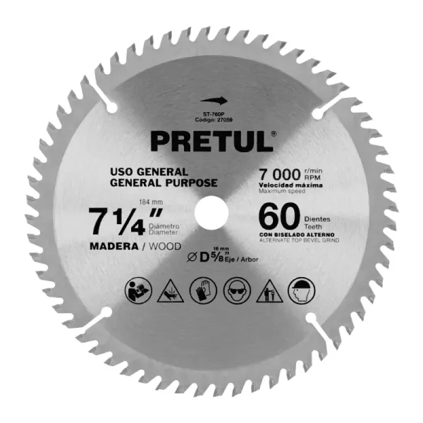 Disco Sierra Madera De 7.1/4", Centro 5/8", 60 Dientes Pretul (ST-760P - 27059)