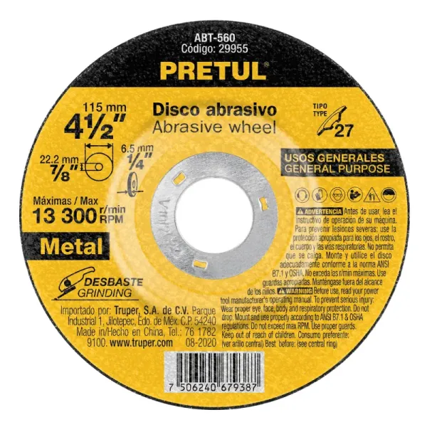 Disco Para Desbaste De Metal De 4.1/2", 6.2 Mm, 13.200 Rpm Pretul (ABT-560 - 29955)