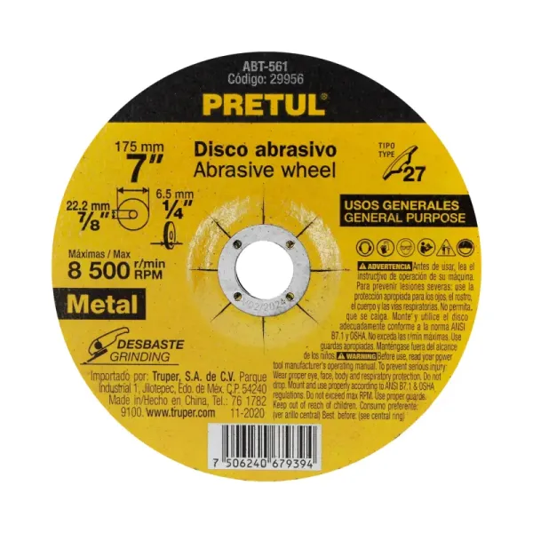 Disco Para Desbaste De Metal De 7", 6.2 Mm, 8.500 Rpm Pretul (ABT-561 - 29956)