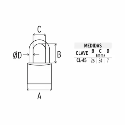 Candado De 45 Mm Tipo Italiano Con Gancho Corto Y 2 Llaves Hermex