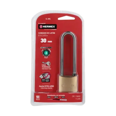 Candado De 30 Mm Tipo Italiano Con Gancho Largo Y 2 Llaves Hermex