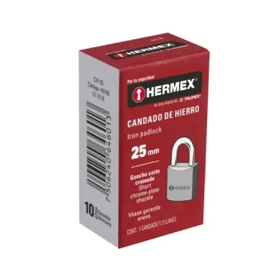 Candado De 25 Mm De Hierro Con Gancho Corto Y 2 Llaves Hermex