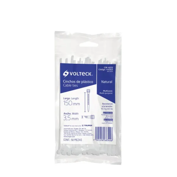 50 Amarres Plásticos De 15 Cm, Tensión 40 Lb, Color Blanco Volteck (CIN-4015 - 44303)